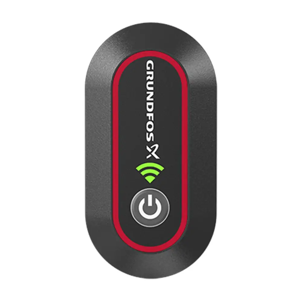 Schwarzes Gerät mit einem runden, grauen Einschaltknopf und einem WLAN-Symbol. Auf der Vorderseite ist der Markenname "Grundfos" zu sehen.